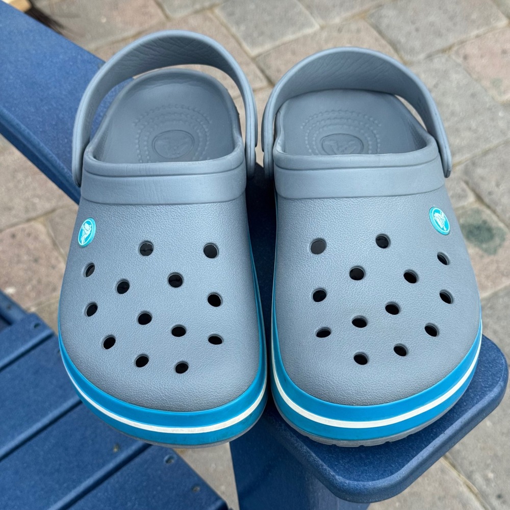 Crocs Crocband Clogs Grey Blue Racing Stripe Mens 6 Womens 8 Slip On Shoes
